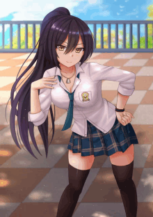 a girl with purple hair is wearing a school uniform with the letters smp on the chest