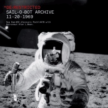 a black and white photo of an astronaut with the words sail-o-bot archive on the top