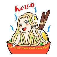 a cartoon of a woman sitting in a bowl of noodles with the word hello written on the bottom