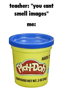 a yellow tub of play doh with a blue lid is sitting on a white surface .