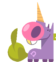 a purple unicorn with a pink nose and a horseshoe on its back