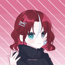 a drawing of a girl with red hair and blue eyes has the watermark pitzmaker