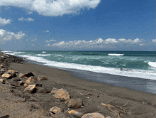 a rocky beach with waves crashing against the rocks