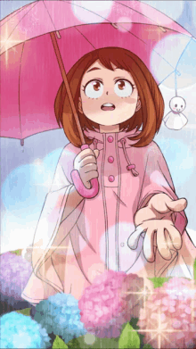 a girl in a pink raincoat is holding an umbrella in the rain