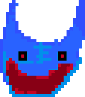 a pixel art drawing of a blue monster with horns and a red mouth