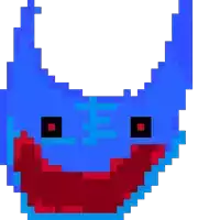 a pixel art drawing of a blue monster with horns and a red mouth