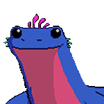 a pixel art drawing of a blue and pink lizard with a pink crown on its head .