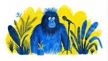 a blue gorilla singing into a microphone in a jungle