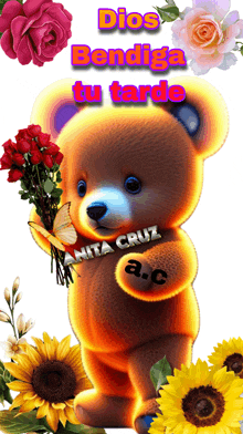 a teddy bear holding a bouquet of flowers with the words dios bendiga tu tarde written above it