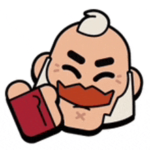 a cartoon of a bald man with a mustache holding a red glove .