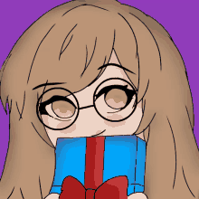 a girl wearing glasses is holding a blue box with a red bow