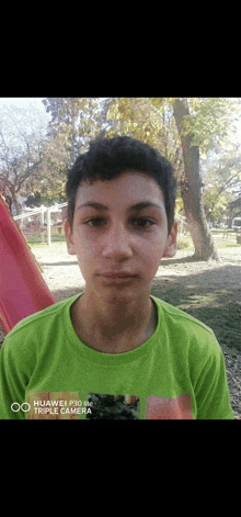 a young boy wearing a green shirt is standing in front of a red slide in a park ..