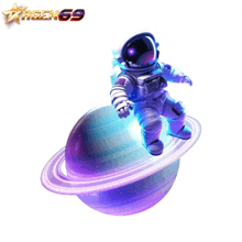 an advertisement for agen 69 shows an astronaut flying over a purple planet