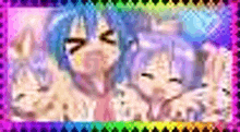 a picture of a girl with blue hair and a rainbow border .