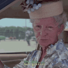 an elderly woman wearing a hat and glasses is sitting in a car with the word diplein written on the bottom