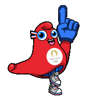 a mascot for the paris 2024 olympics has a blue glove on