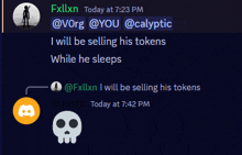 a screenshot of a discord conversation between fxllxn and a person named calyptic