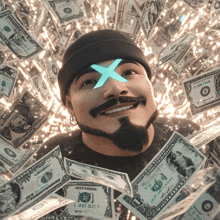 a man with an x on his face is surrounded by a pile of money