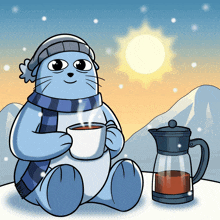 a cartoon of a seal holding a cup of hot chocolate