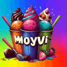 three cups of ice cream with the word moyvi written on them