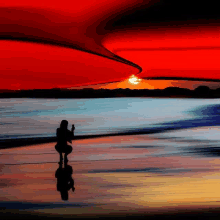 a painting of a person taking a picture of a sunset over a body of water