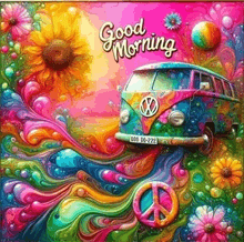 a colorful painting of a bus with the words good morning written on it