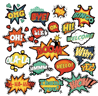 a bunch of comic book speech bubbles with one that says boom