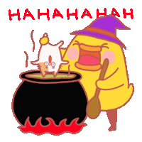 a cartoon drawing of a witch stirring a cauldron with the words " hahahah " in red letters