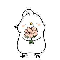 a cartoon bird is holding a bouquet of pink flowers in its hands .