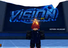 a cartoon character stands in front of a large vision sign