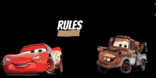 a lightning mcqueen car and a rusty tow truck are shown on a black background