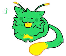 a drawing of a green monster with a yellow tongue sticking out and a yellow tail .