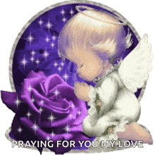 a picture of an angel praying with a purple rose in the background