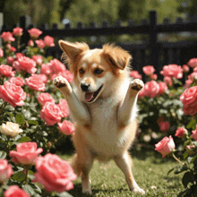 a dog is jumping in the air in front of roses