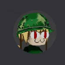 a pixel art of a soldier with red eyes and a green helmet