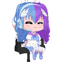 a girl with blue and purple hair is wearing a headset and holding a stuffed animal