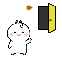 a cartoon character is standing in front of an open door with an arrow pointing to it .