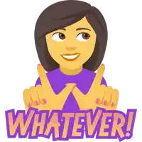 a woman in a purple shirt says whatever with her hands