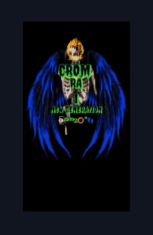 a picture of a skeleton with blue wings and the words crom ra