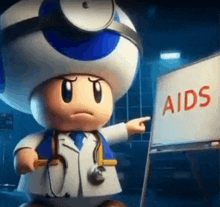 a cartoon toad is pointing at a sign that says aids