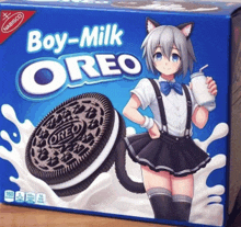 a box of boy-milk oreo cookies with a cat girl on it