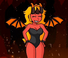 a cartoon of a woman in a black bodysuit with horns and wings .