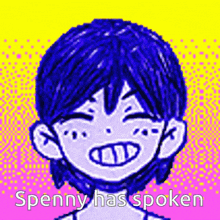 a pixel art of a boy with blue hair and the words `` penny has spoken '' .