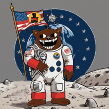 a cartoon drawing of a bear in an astronaut 's suit holding an american flag