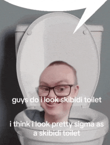 a man with glasses is sitting in a toilet with a speech bubble above him that says guys do i look skibidi toilet