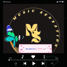 a phone screen shows a music sensation logo with butterflies and hearts