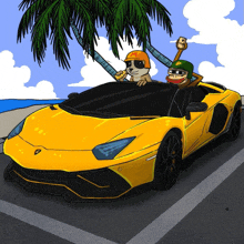 a cartoon of a dog and monkey driving a yellow car