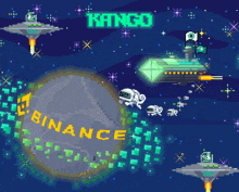 a pixel art illustration of a planet with the word binance written on it