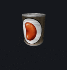 a can of beans with a red bean in the middle on a black background .