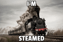 a train with steam coming out of it and the words " i 'm steamed " below it